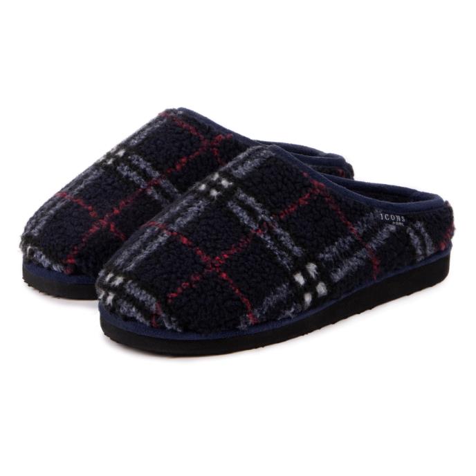 totes Mens Icons Borg Check Mule Slippers With EVA Sole Navy Check Extra Image 2